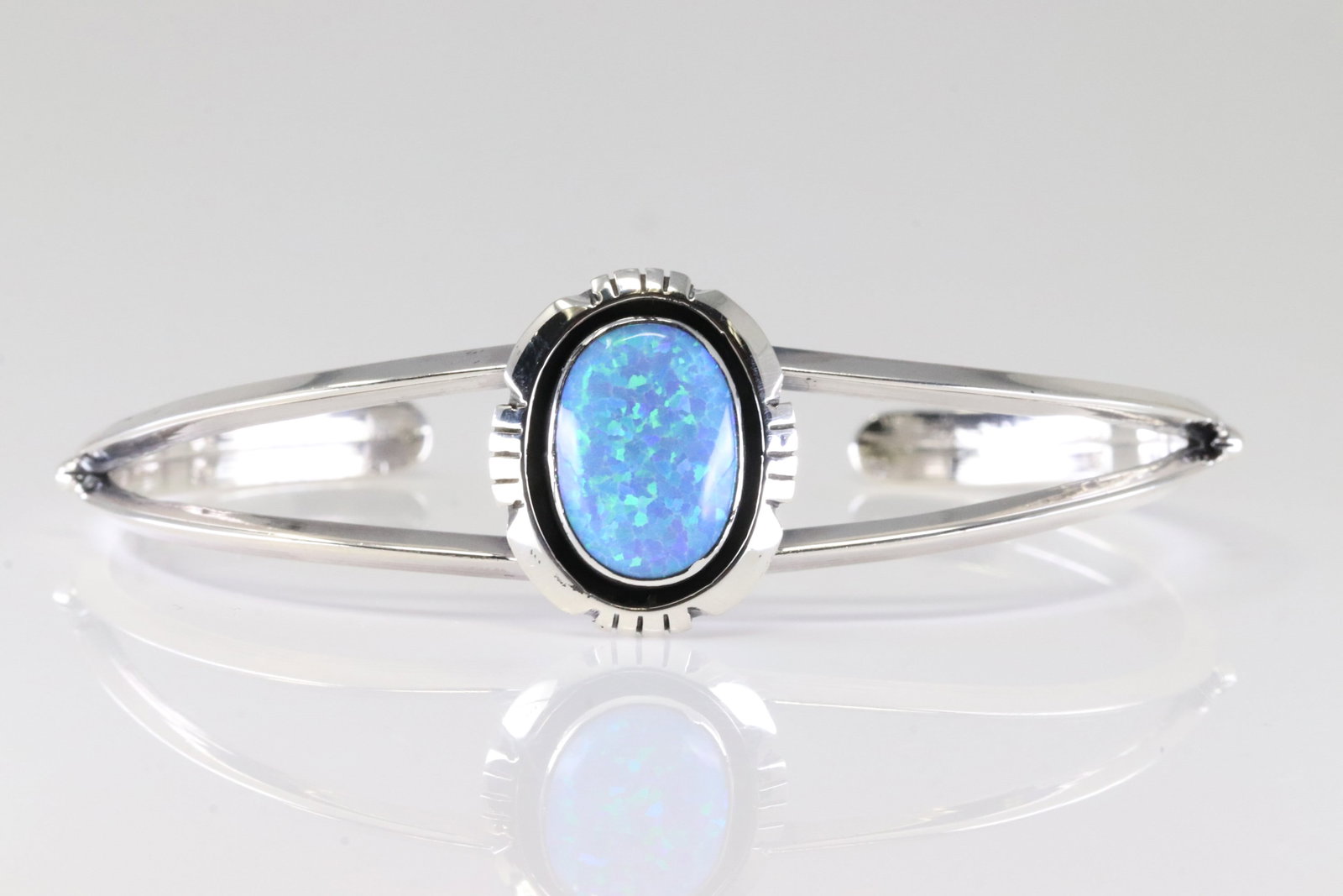 Native America Navajo Sterling Silver Blue Opal Bracelet Cuff By Amos Begay. (1 of 4)