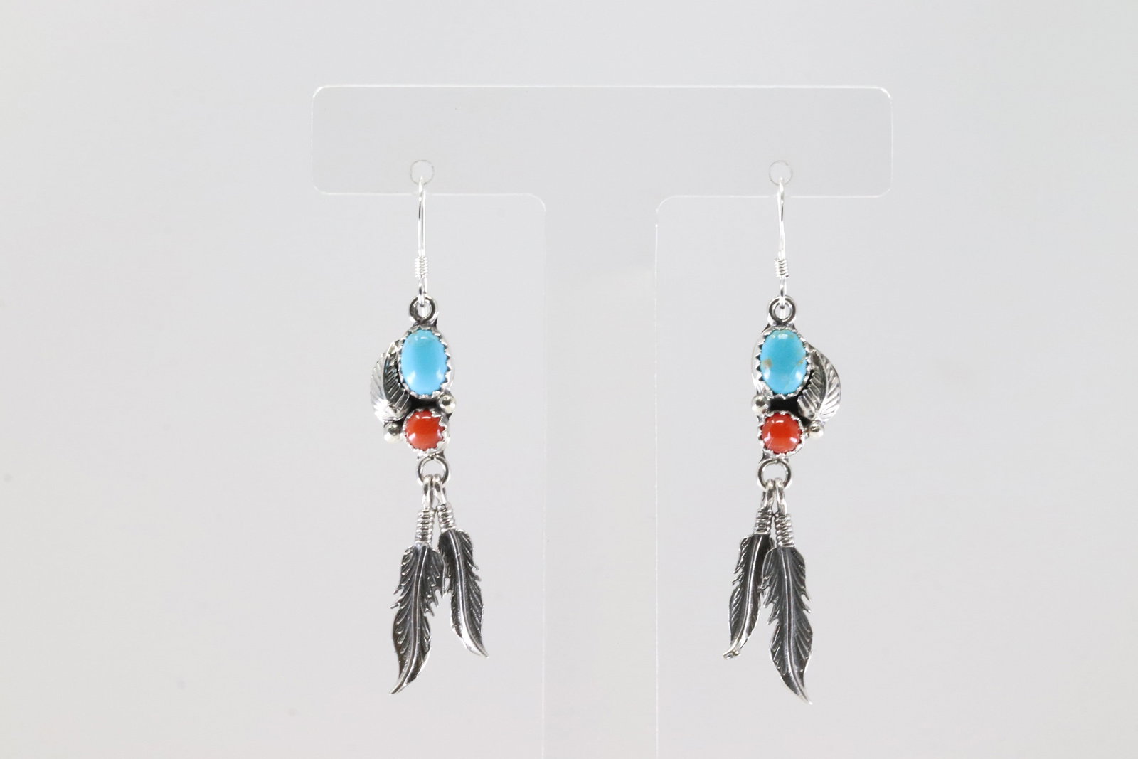 Native America Navajo Sterling Silver Coral & Turquoise Dangling Earring's By Verley Betone.: This is a Native America Navajo Sterling Silver Coral & Turquoise Dangling Earring's By Verley Betone.