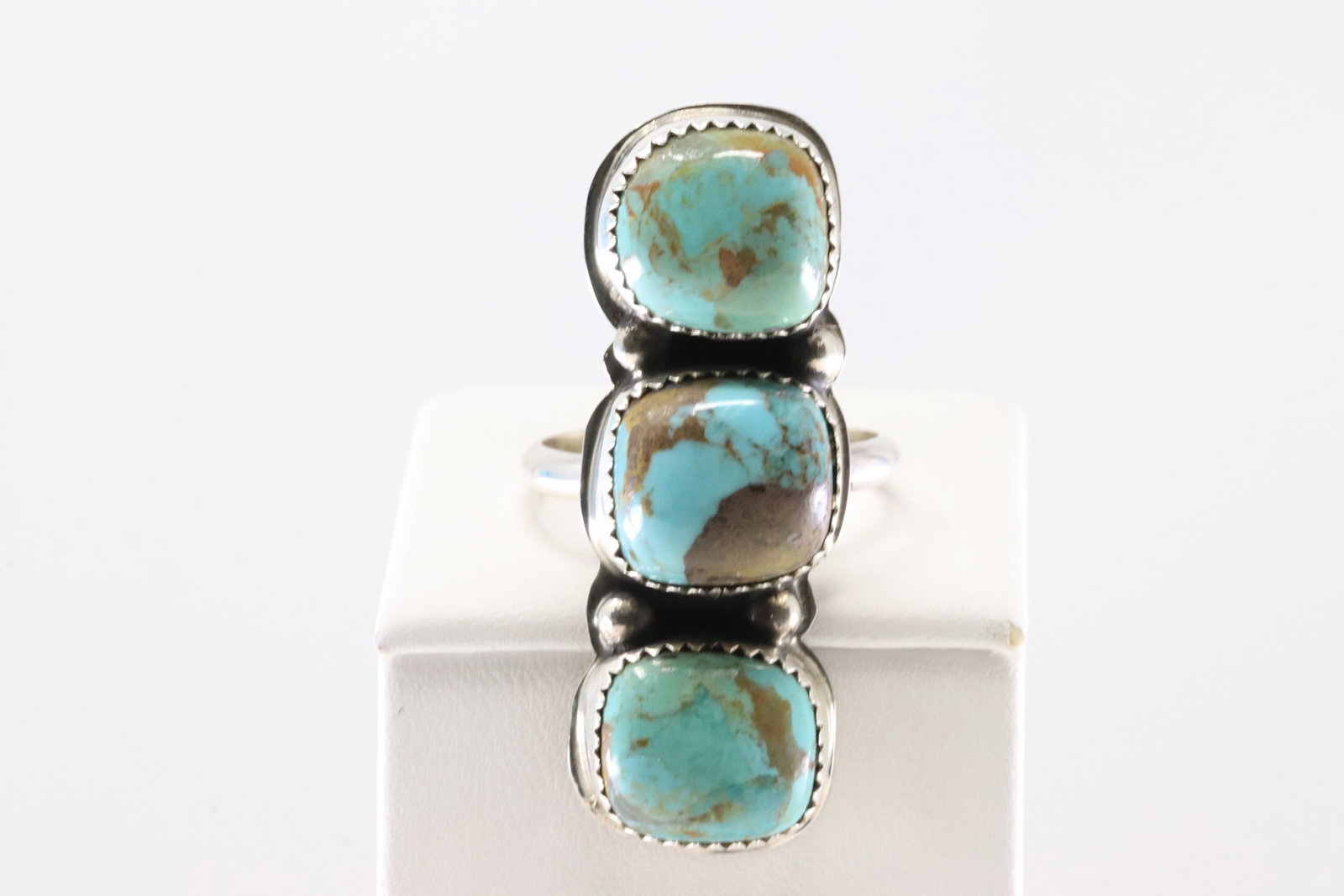 Native America Navajo Sterling Silver Turquoise Ring 3 Stone By J.B.: This is a Native America Navajo Sterling Silver Turquoise Ring 3 Stone By J.B. Ring size: 10.75.