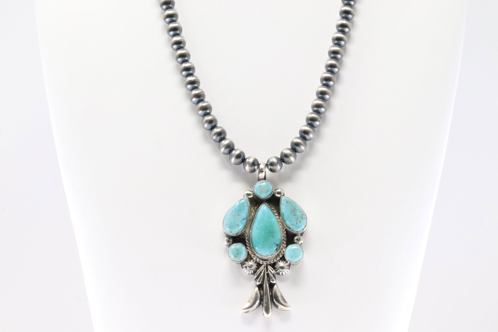 Native America Navajo Sterling Silver Turquoise Pendant / Pearl Beaded Necklace By Bobby Platero. (1 of 4)