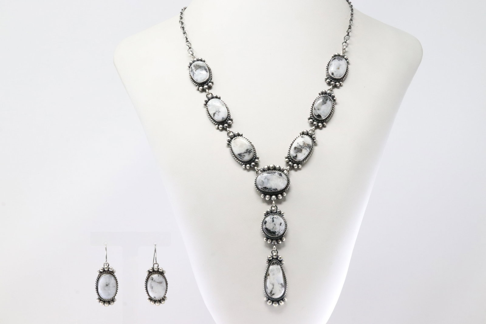 Native America Navajo Sterling Silver White Buffalo Necklace & Earring's Set By M.Spencer. (1 of 8)