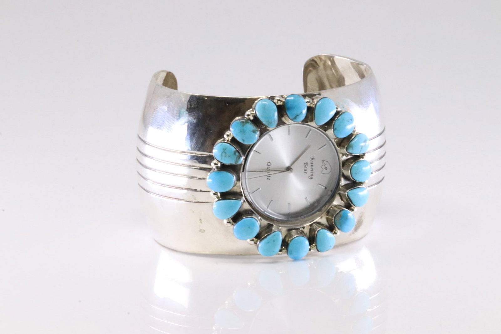 America Sterling Silver Turquoise Running Bear Turquoise Watch Cuff. - 2