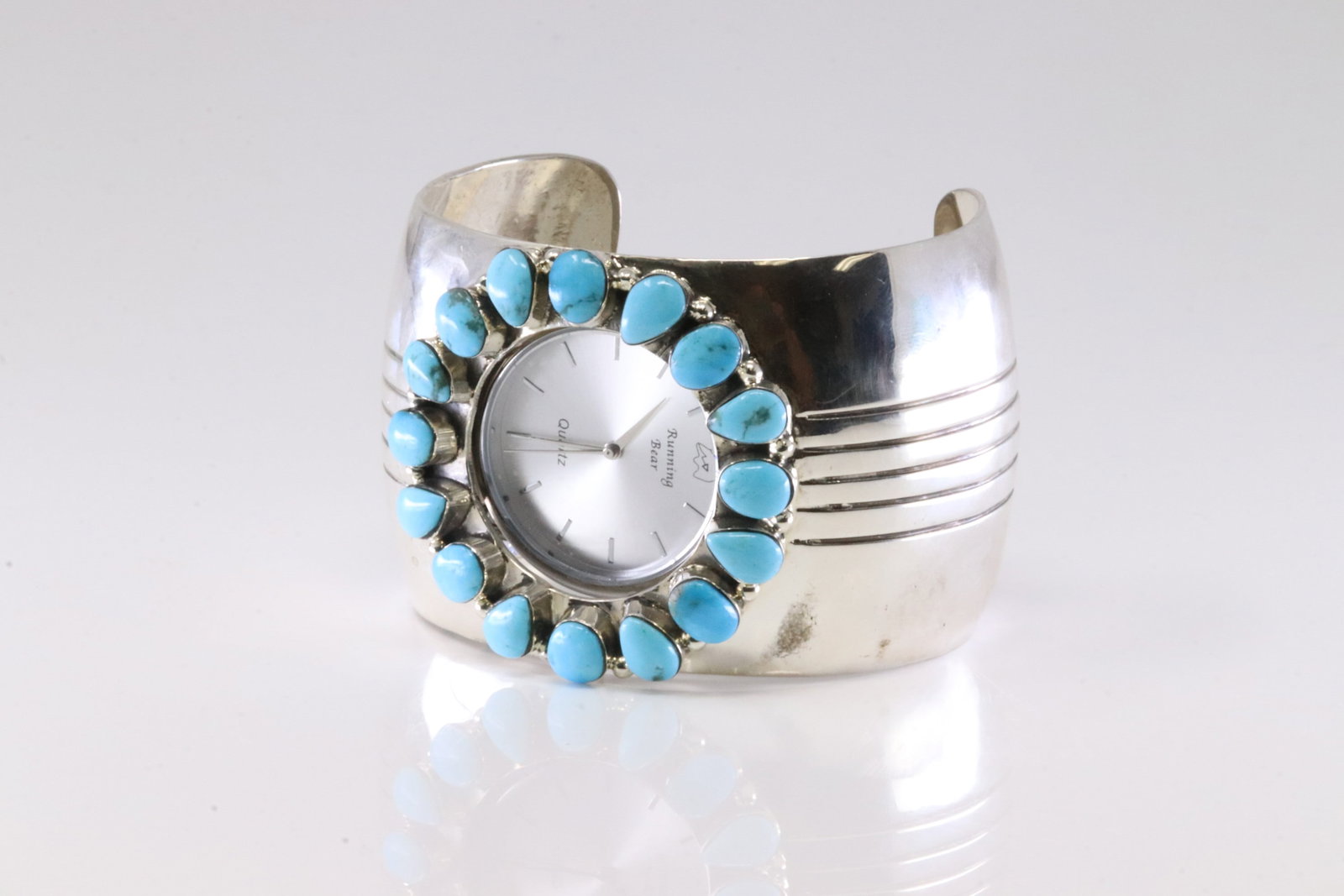 America Sterling Silver Turquoise Running Bear Turquoise Watch Cuff. - 3