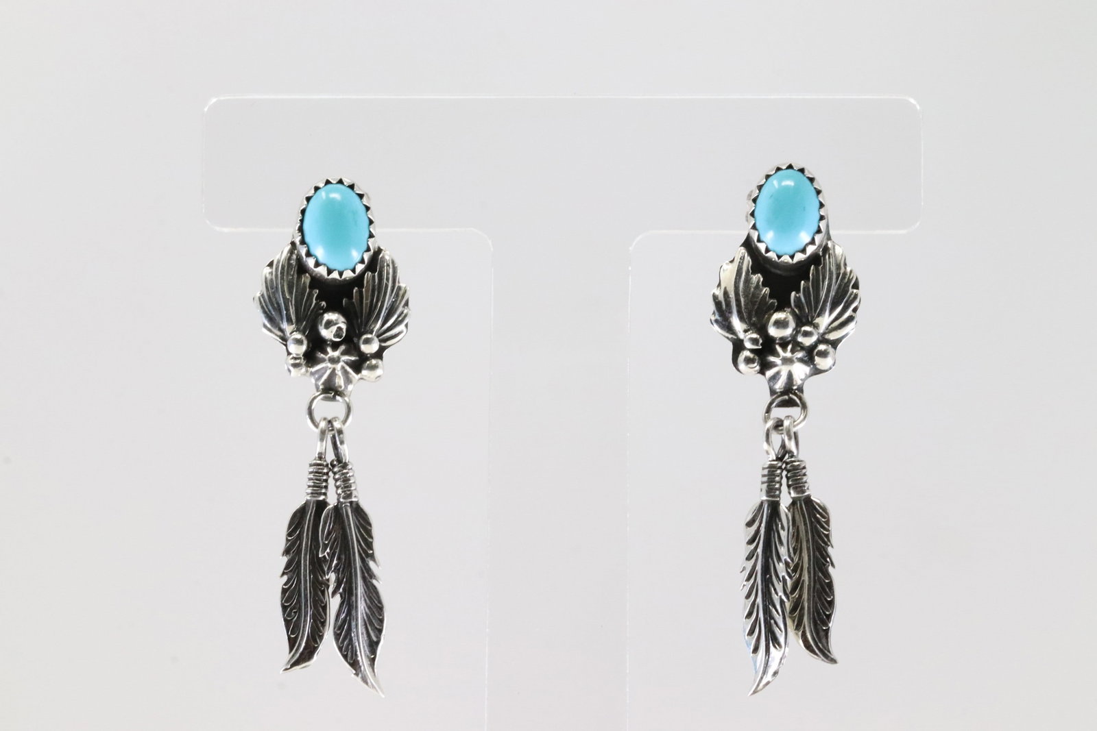 Native America Navajo Sterling Silver Turquoise Feather Post / Dangling Earring's By Marie Bahe. (1 of 4)