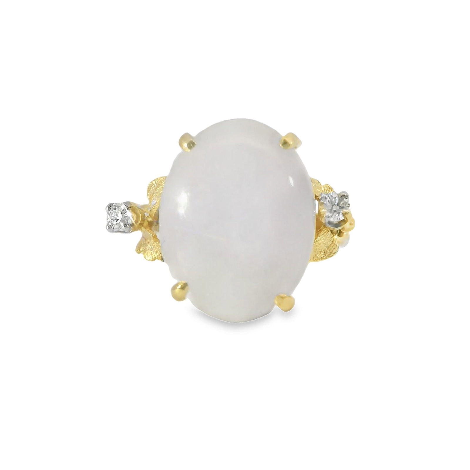 White Jade & Diamond Ring 14Kt.: Yellow Gold White Jade & Diamond Ring. his exquisite ring features a stunning white jade centerpiece with 2 round diamonds, elegantly set in a delicate gold band. The smooth, polished surface of the