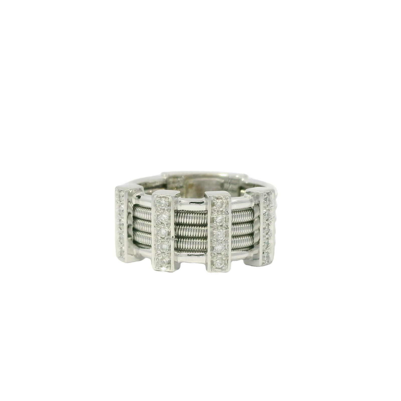 Diamond Ring 18Kt.: 18Kt White Gold Diamond Ring. This exquisite ring showcases a unique design that combines elegance and modernity with 20 round diamonds. The intricate detailing on the band adds a touch of