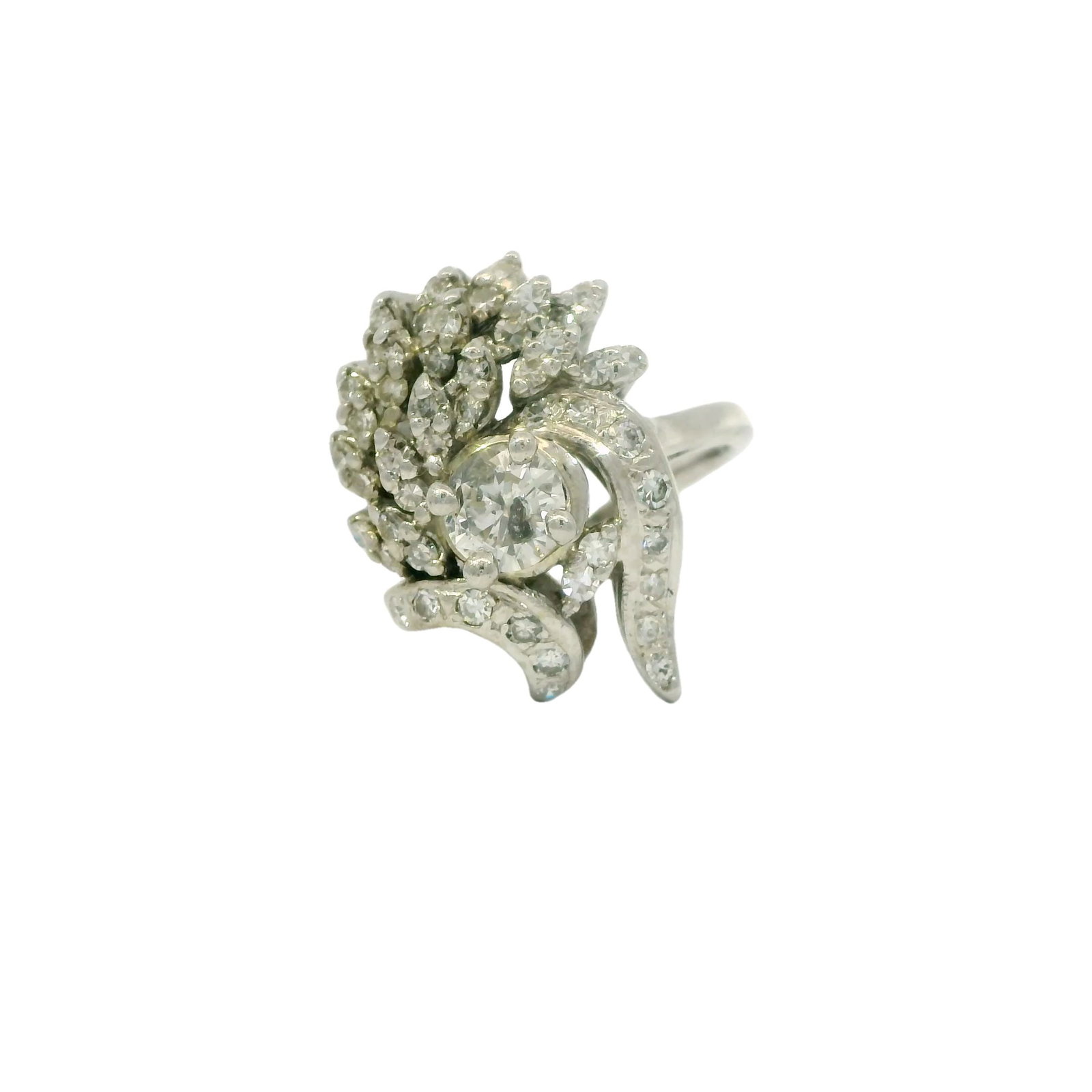 Diamond Ring 14Kt.: Ladies 14Kt White Gold Diamond Ring. This exquisite diamond cluster ring is a masterpiece of elegance and sophistication. Featuring a stunning array of sparkling diamonds set in a unique, intricate