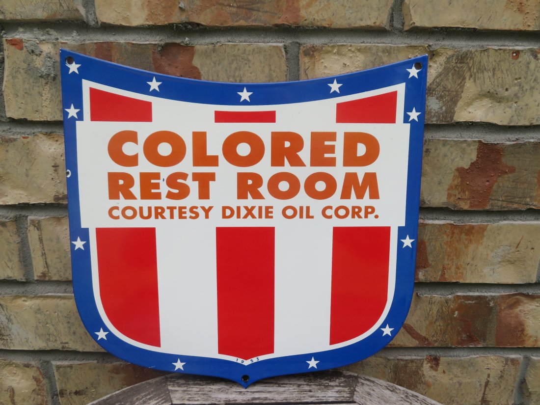 NOS Vintage Colored Rest Room Sign Dixie Oil, 1953: Incredibly rare new old stock sign here, unreal condition; was found with the rice paper in a box. Die cut measures 12 by 11 inches, single sided. Date stamped 1953, Dixie Oil Company.