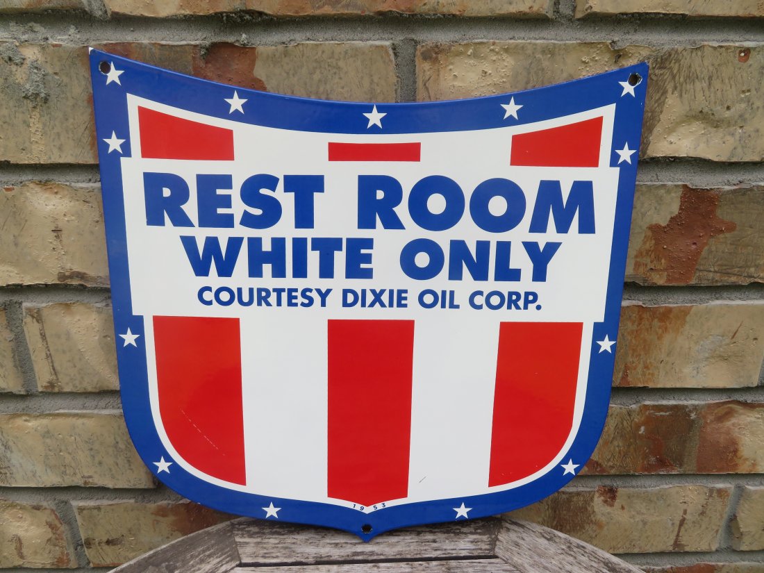 NOS Vintage White Only Rest Room Sign Dixie Oil, 1953: Incredibly rare new old stock sign here, unreal condition; was found with the rice paper in a box. Die cut measures 12 by 11 inches, single sided. Date stamped 1953, Dixie Oil Company.