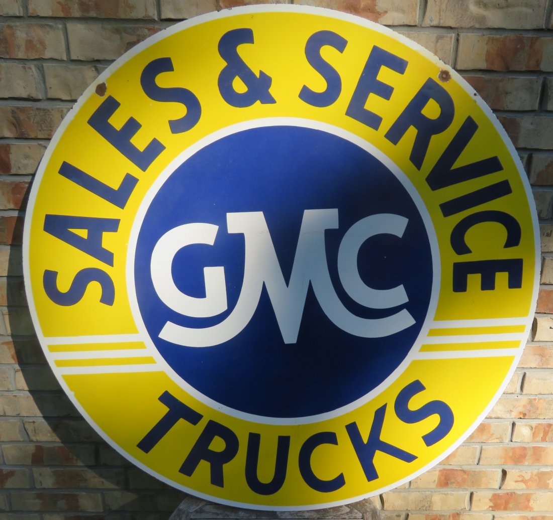 Vintage Porcelain GMC Dealer Sign 42": Measures 42 inches around, double sided porcelain.