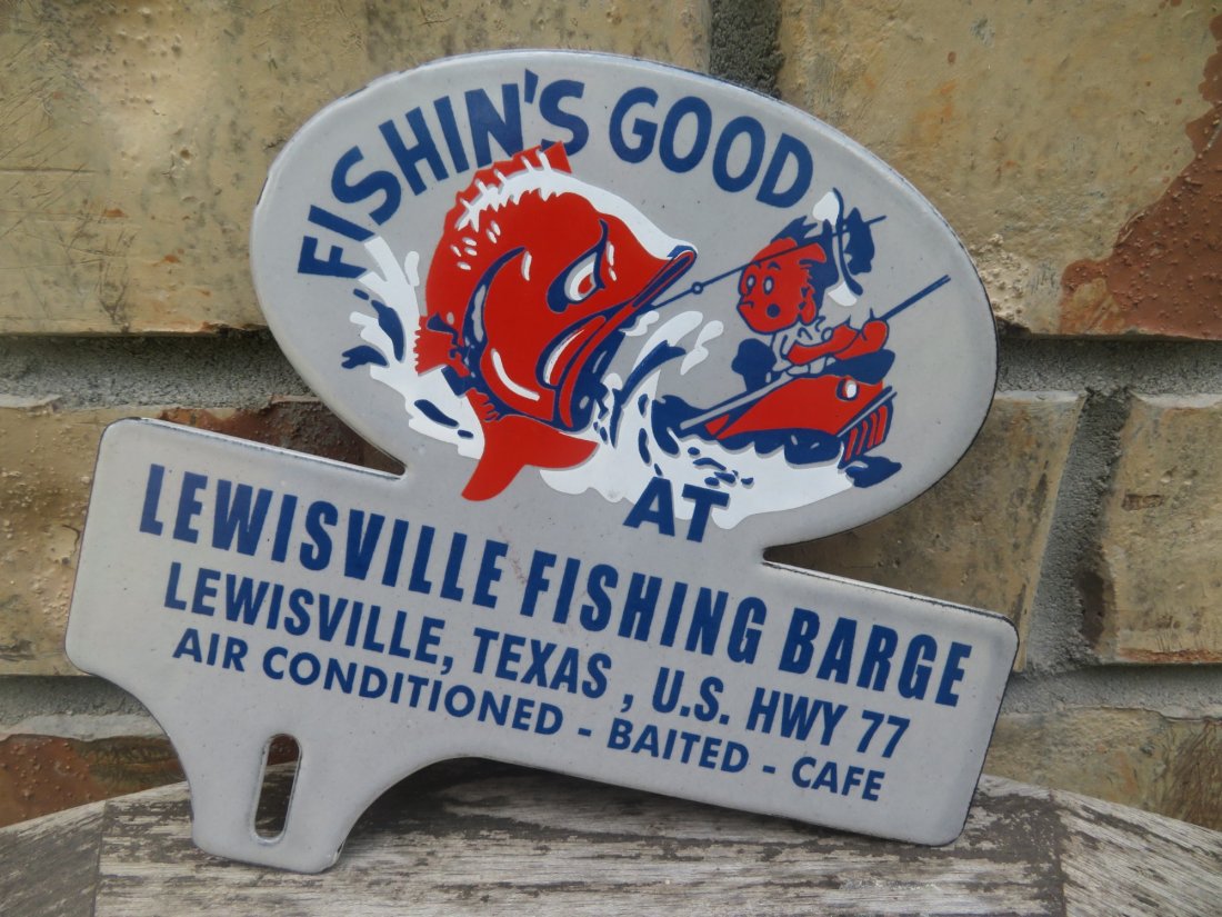 Vintage Porcelain "Fishin's Good" License Plate Topper: Measures approximately 6.5 by 6 inches.In mint condition, basically new old stock.
