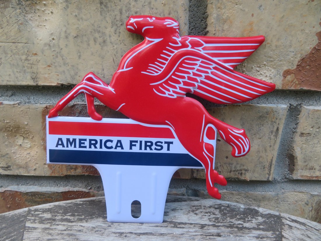 Vintage NOS Tin Mobil Oil License Plate Topper: Measures approximately 6 by 5.5 inches.In mint condition, basically new old stock.