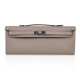 Hermes Kelly Cut Bag, Gris Asphalte Swift Leather,: Hermes Kelly Cut clutch bag in Gris Asphalte with Palladium Hardware. Sophisticated Hermes Kelly grey clutch in Swift leather with Palladium hardware - understated elegance and the perfect day to