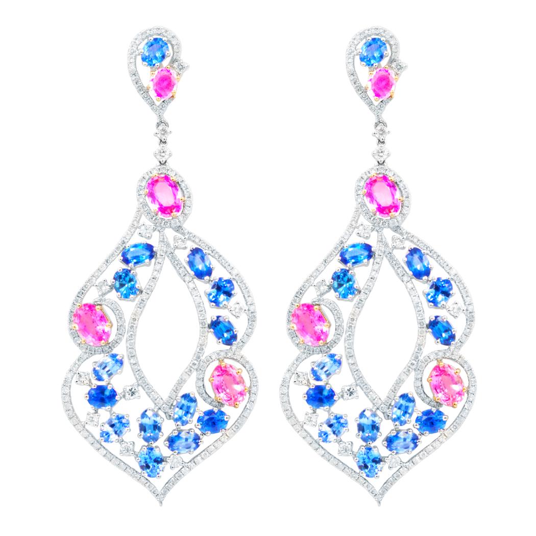 A PAIR OF SAPPHIRE AND DIAMOND EARRINGS: Delightful 18K white gold, sapphire and diamond earrings, boasting a total of 19.32 carats of sapphires and 10.07 carats of diamonds. Lighthearted and pretty. Natural untreated diamonds, near colorles