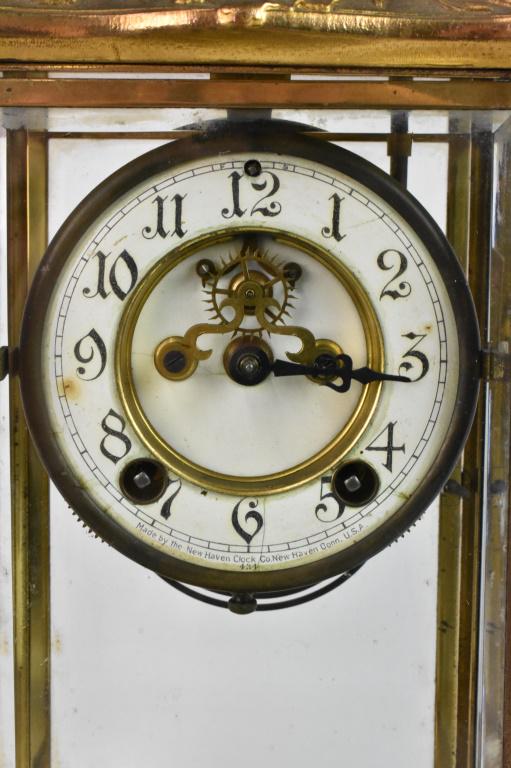 New Haven Art Nouveau Crystal Regulator Clock: Large gold gilt bronze crystal clock with open escapement , the condition as found in the estate, due to the sensitivity working condition is unknown, with minor cracks to the dial, Measures 8" W x 6.