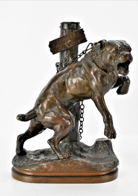 Charles Valton, French, Bronze Boxer (Born 1851): A large bronze Boxer chained to a fence post. Fence post. Inscription "Passiz Aularge". Charles Valton, French, a student of Barye and Fremiet. 3rd quarter of the 19th century, Bronze Boxer with a ric