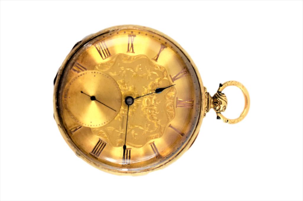 James McCabe 18K Pocket Watch London (B.1748): Marked #10220, detached leather, 15 jules with key. Weighs approx. 2.5OZT loose glass, case tested for 18k. Born 1748 Ireland, migrated to London in 1775 where he set up shop. Son of Patrick McCabe al