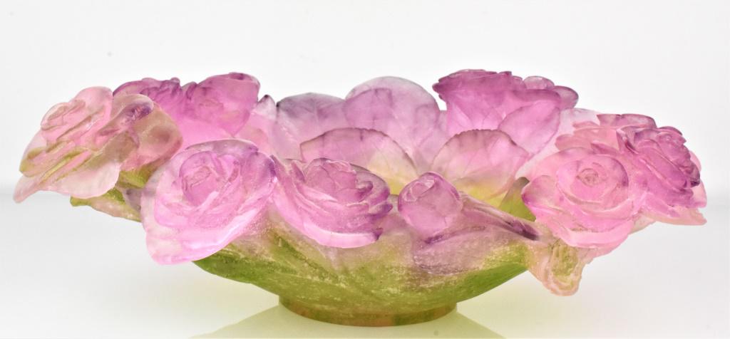 Daum Art Glass Bowl, France: exquisite Daum art glass bowl measures appx: 10.5" x 9.25" and 3.5" Marked Daum France. In 1878, Jean Daum set up a workshop in the Lorrain region of France, and the works he created there led him to 