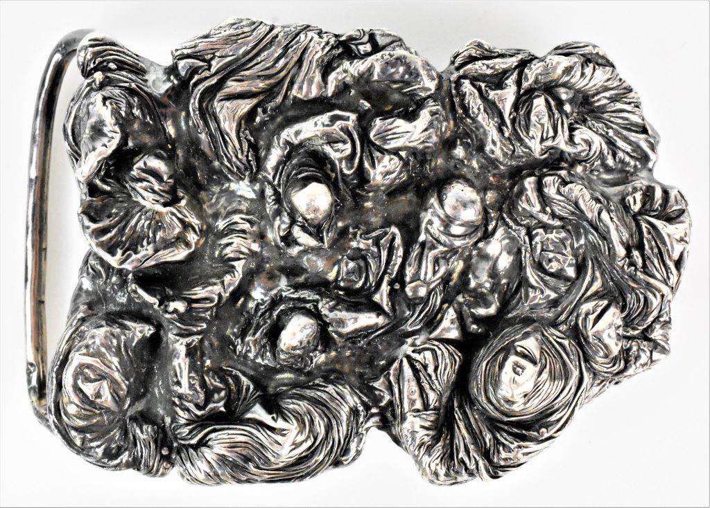 Modernist Sterling Buckle ( After Rachel Gera): A n outstanding Mid-Century Modern Silver Belt Buckle in the abstract or brutalist style. Measuring approx. 3.5"l by 2.5"h and weighs approx. 4.03 OZT. No visible makers marks, possibly due to wear, h