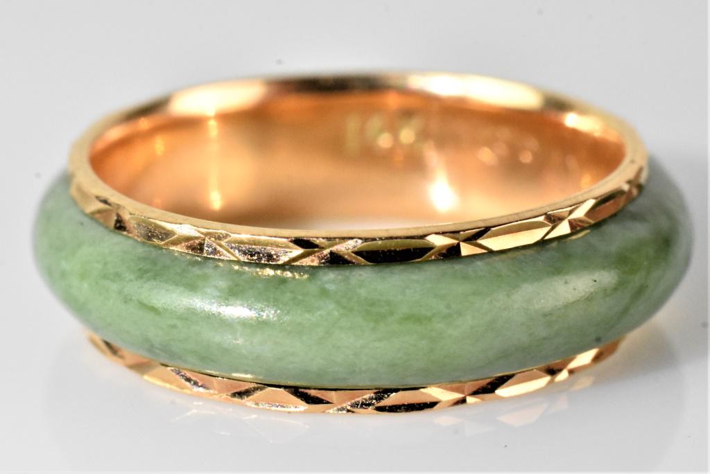14K Gold and Jadeite Ring: Fine Jadeite ring with 14K gold internal weighing approx. 3.1grams. Size is approx. 8