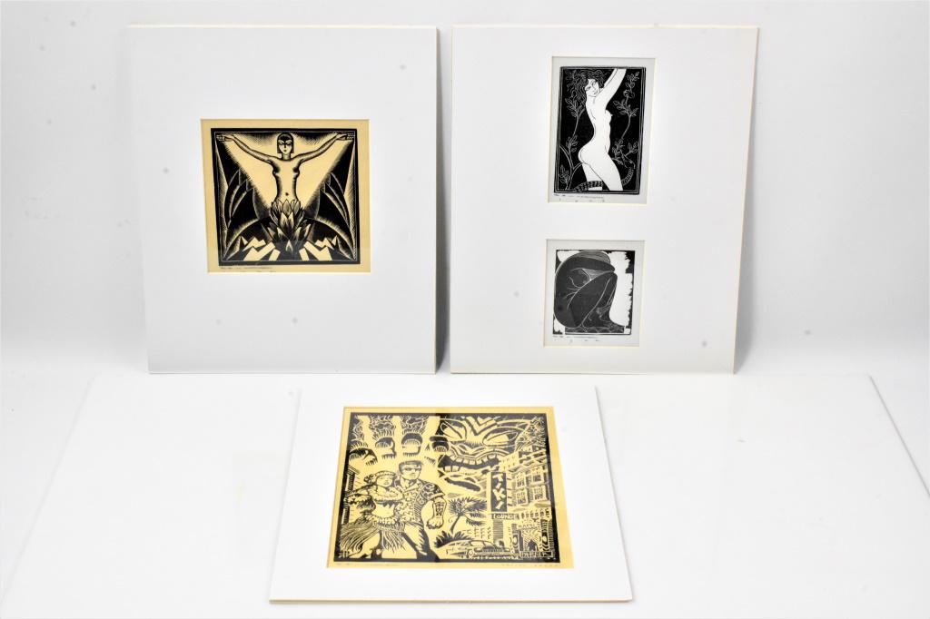 E.M Washington Erotic woodblock Print grouping: includes (3 frames 4 pictures) erotic linocut prints along with an additional artist proof of a street scene. 13.5"L x 11" W These are woodblock prints made by Earl Marshawn Washington who took inspir