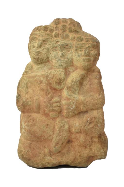 Indonesian Brahma Sculpture, 15th Century: Indonesian Brahma statue circa 15th century, has Brahma sitting with hatchet and knife, Has three heads, 9" x 16" x 10". Purchased from indigenous people by consignor in 1957 . Consignor was told it w