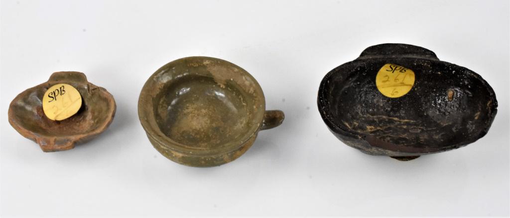 Excavated Ch'Ang-Sha Stoneware Six Dynasties: Six dynasties (221-589). Yueh type glaze. Includes (3) pieces, measuring 3.75" x 2.75", 2.75" x 3", and 2.25" x 2". Provenance: From the Estate of Professor Williamson, Lehigh University. Purchased at