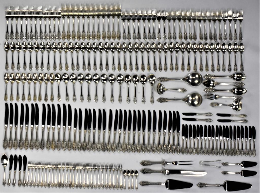 Wallace Grand Baroque Sterling Flatware Set: Includes (220) pieces Wallace Grand Baroque pattern sterling flatware set, includes all pieces pictured in this amazing assembled set. Weight of set is 256.98 OZT which includes approx 34.5 OZT for th