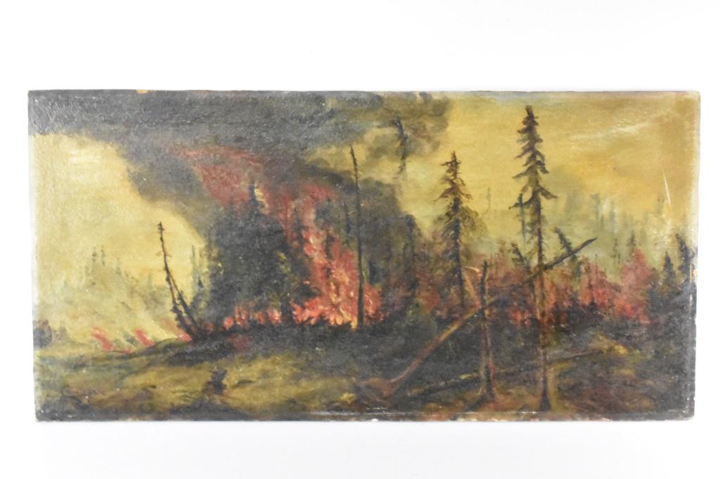 C.R. McLean Oil on Board of Great Hinckley Fire: C.R. McLean oil on board of the Great Hinckley Fire of 1894. measuring approx. 12"l by 24"w, SLL minor loss