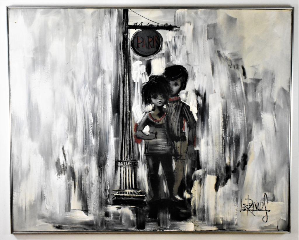 Lee Reynolds Oil on Canvas Paris Scene: A mid-century modern SLR Lee Reynolds oil on canvas Paris scene measuring approx. 48"h by 60"l