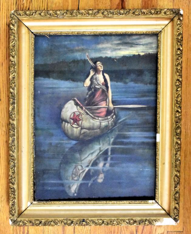 Antique Oil on Canvas after F.R. Harper: An oil on canvas of an Indian Maiden in the manner of F.R. Harper, Signed on bottom "Necia," and signed on lower right H.I.T., and piece was realligned. Measures approx. 12"l by 16"h