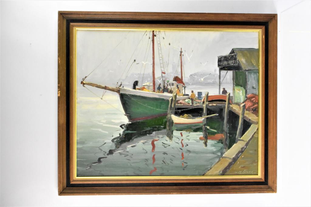 Melville Stark Oil on Board Harbor Scene: A SLR (-M. Stark-) Melville Stark (1903-1987) oil on board of a harbor, measuring approx. 35.25"l by 29.25"h, including frame. Provenance from a prominent doctors estate in Bethlehem Pa. BACKGROUND: A