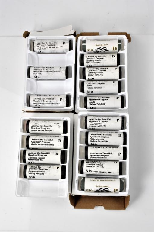 U.S. Mint America the Beautiful Quarters sets: (4) 3 $10 rolls Harpers Ferry National Historical Park (WV) America the Beautiful Quarters, 4 $10 rolls Gettysburg National Military Park (PA) America the Beautiful Quarters, 2 $10 rolls Vicksburg Nat
