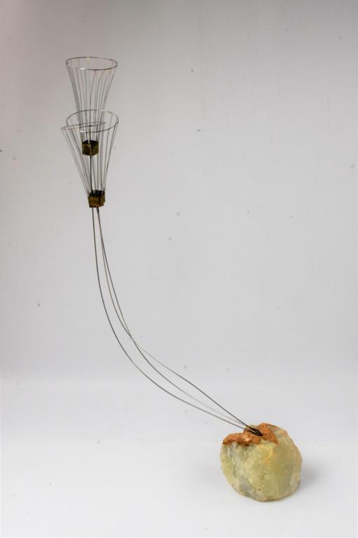 Curtis Jere Sculpture: Mid century sculpture with Quartz base and silvered wire construction with original label.. 23.5''h, base 3''h.