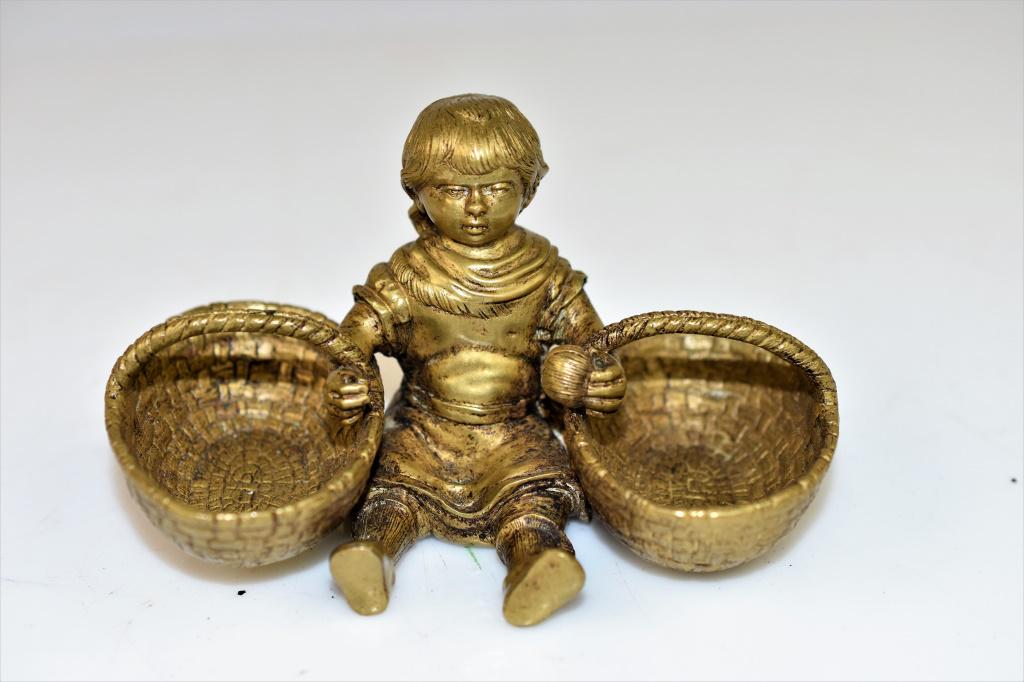 French Gilt Bronze Figure of a Girl & Baskets: 19th Century Seated French Bronze Girl with Twin Baskets. Dore' Finish with Amazing Detail. Stamped with Hallmark. Measures approx. 4.5."w x 2.75"h.