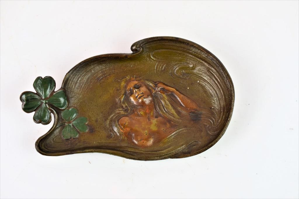 Art Nouveau Bradley & Hubbard Cast Iron Tray: Painted Cast Iron Art Nouveau Tray of Reclining Nude with Clovers by Bradley & Hubbard from Early 20th Century. Marked "B & H 2248". Surface has minimal paint loss. measures approx. 8"l x 5"w.