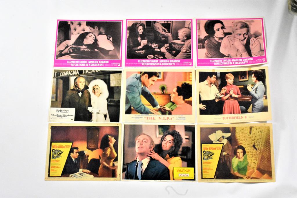Vintage Elizabeth Taylor Movie Poster Grouping: Grouping of (24) Classic Hollywood Actress Elizabeth Taylor Movie Posters, Photos, & Ephemera. Grouping Includes (6)14"w 11"h Lobby Cards for "Elephant Walk" (1954), (4)14"w 11"h Lobby Cards for "Refl