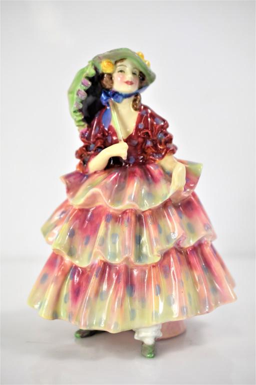 Royal Doulton The Hinged Parasol Figurine: Leslie Haradine Edwardian Lady in luster of red, green. HN1578 Artist: Leslie Harradine Issued: c. 1935 Dimensions: 6.25"H x 4.75"W Manufacturer: Royal Doulton Country of Origin: England Provenance: D