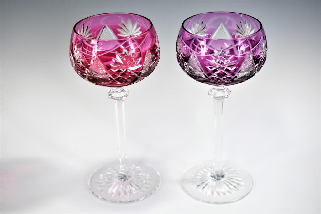 Pair of Bavarian Cut to Clear Brandy Glasses: Signature on base, signature is partially illegible, but we believe it reads Nal Lambeux. Measures approx. 7"h Provenance: Directly from consigner. Her husband was a doctor on The Main Line, Wayne, Pe