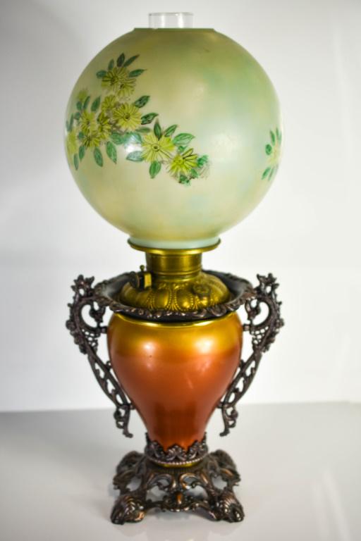 Gone With the Wind Lamp Plume & Atwood: Includes a chamber lamp with a green glass and flower decorated globe, reticulated base and heavily decorated handles and spill cup. Plume and Atwood, Waterbury, CT. Lamp measures approx. 23.5"h with