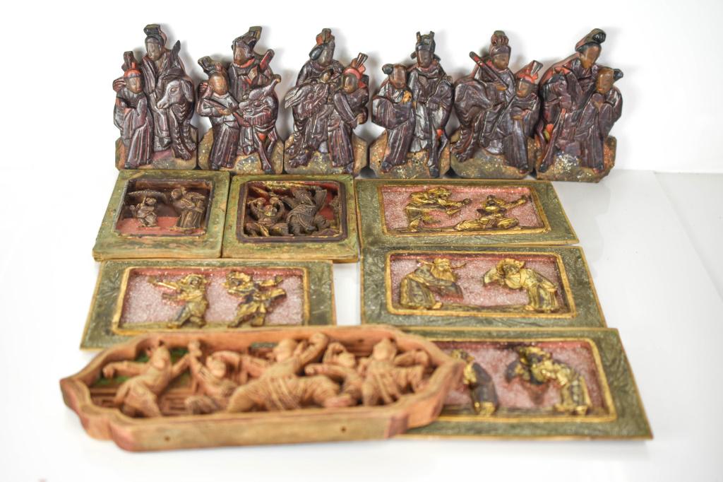 Antique Chinese Carved Figures and Panel Grouping (1 of 3)