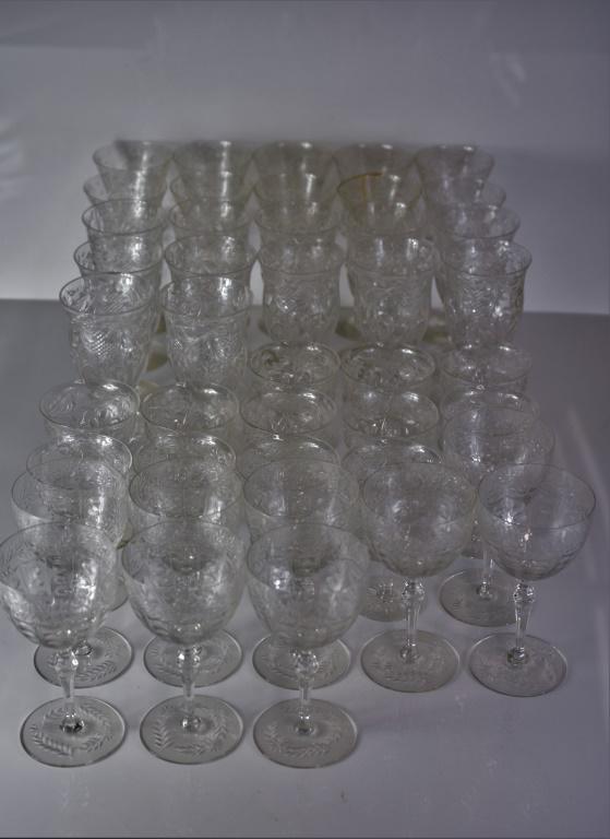 American Etched Cut Crystal Stemware Hawkes / Webb: Assembled Grouping of the highest quality, in the manor of Hawkes or Webb. includes: (10) large glasses measuring approx. 8"h. All glasses are in good condition, (3) have minor flakes. (12) wine glass