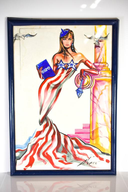 Alvaro Modernist Watercolor of Statue of Liberty: includes Watercolor painting / illustration by iconic fashion illustrator and artist "Alvaro" of an Elite Model. Alvaro was influenced by Antonio Lopez and Andy Warhol. The Painting appears to also ut