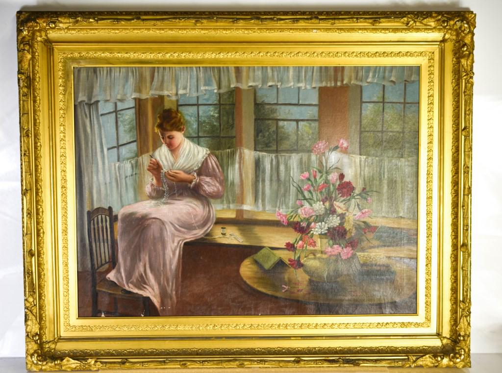 L. Vance Phillips Oil on Canvas Chautauquas: Includes a SLR L. Vance Phillips 1889, oil on canvas in lovely ornate gilt frame. As found, with a small tare. Luella J. Vance Phillips most famous for her paintings on porcelain for which she won num