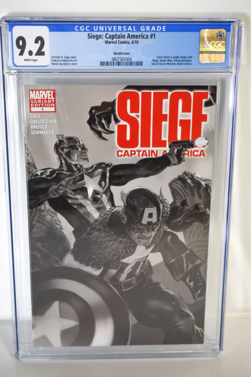 Siege: Captain America #1 CGC 9.2: Siege: Captain America #1 CGC 9.2 Marvel Comics, 6/10 Sketch Cover Christos N. Gage story Federico Dallocchio art Marko Djurdjevic cover Cover forms a single image with Siege: Spider-Man, Young Avenge
