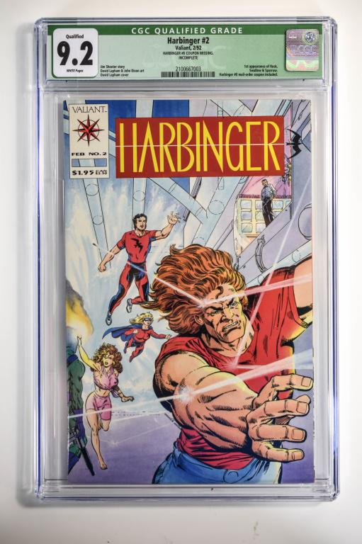 Harbinger #2 CGC 9.2: Harbinger #2 CGC 9.2 Valiant, 2/92 1st appearance of Rock, Swallow, and Sparrow; Harbinger #0 mail-order coupon included. JIm Shooter story; David Lapham & John Dixon art; David Lapham cover.