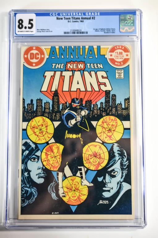 New Teen Titans #2 CGC 8.5: New Teen Titans #2 1983 CGC 8.5 DC New Teen Titans #2 Marv Wolfman story George Perez cover and art 1st appearance of Vigilante (adrian Chase), Chesire, Scorcher, Slasher, Spear, Bazooka, and Tanker