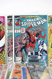 (25) Amazing SpiderMan #300 Series Assorted Comics: Grouping includes (25) Amazing Spider-Man #300 series assorted comics including (2) #344 - 1st appearance of Cletus Kasady (Carnage) and Cardiac; Venom cover key issues #346-#347, 3363 and #378; 30th