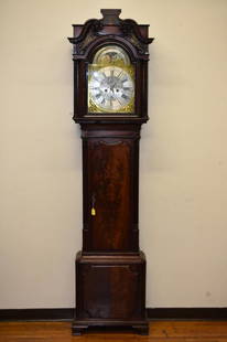 Antique Nathaniel Brown Long Case Clock Manchester: Mahogany Longcase Clock by Nathaniel Brown, Manchester, England, c. 1790, the scroll-top case with with gilded decoration, fluted columns, the composite brass and painted dial with moon in the arch