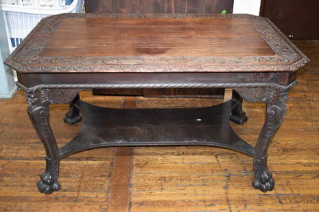 Antique R.J. Horner Carved Library Table: R.J. Horner style library table. Heavily carved top with lions paw feet and carved Northwind face. Circa 1890. Has an 11" split on top. Provenance: Walnutport estate. Size: 54"w x 28.75"h x 35.5"d.